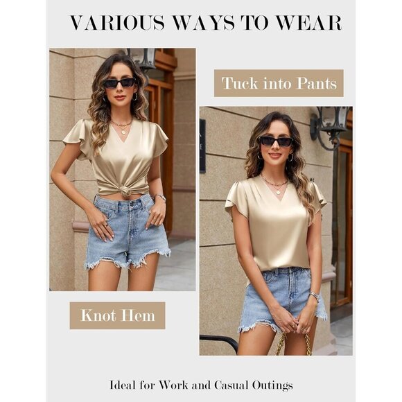 Women's Silk Blouse Ruffle Sleeve V-Neck Pleated Casual Work Top - Picture 6 of 6